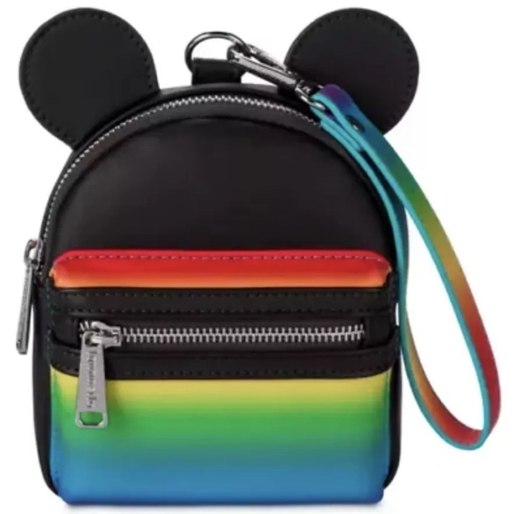Loungelfy, Disney Parks, rainbow and black vinyl Mickey ear two-pocket wristlet